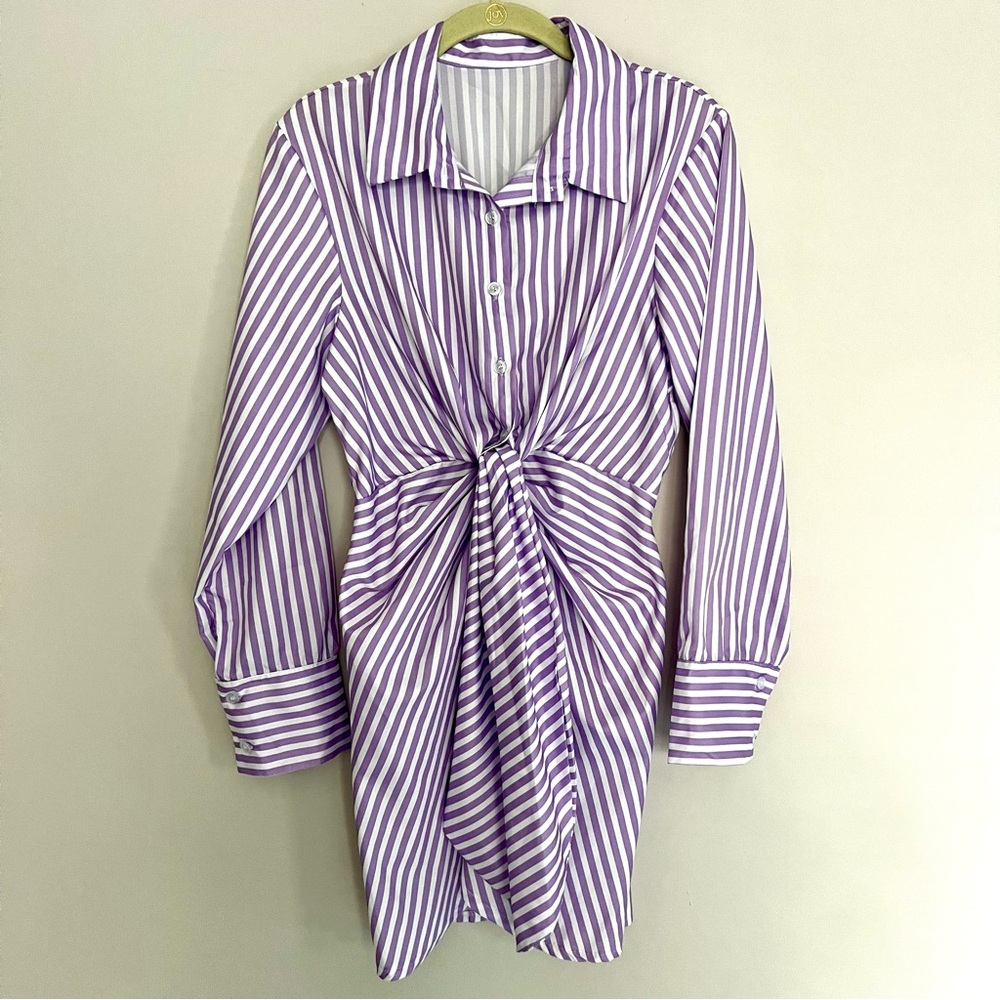Purple & White Striped Shirt Dress